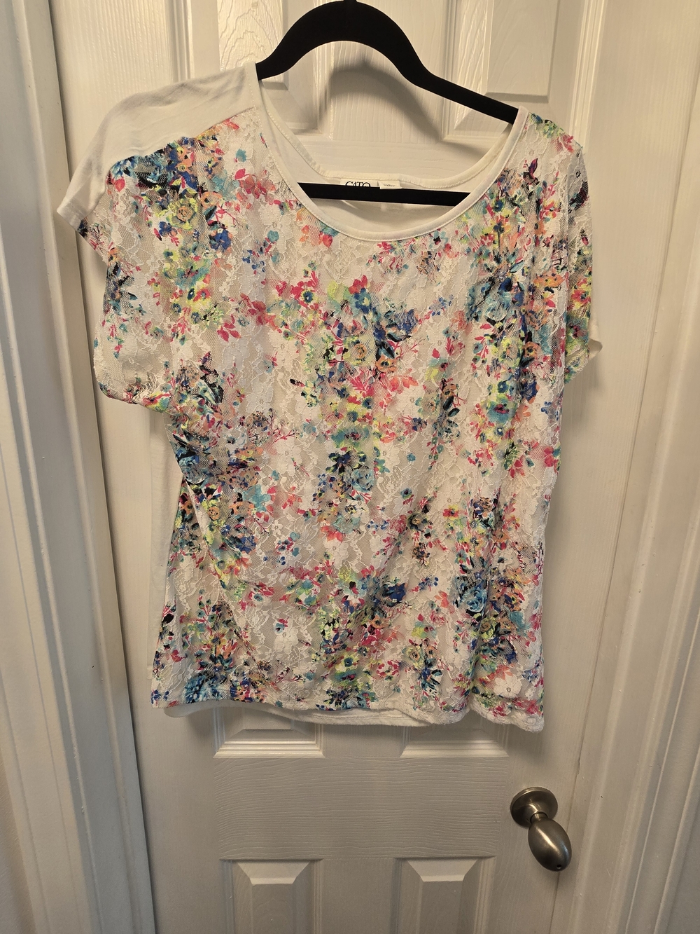 Cato White Floral Lace Overlay Tee with Multicolor Blossoms